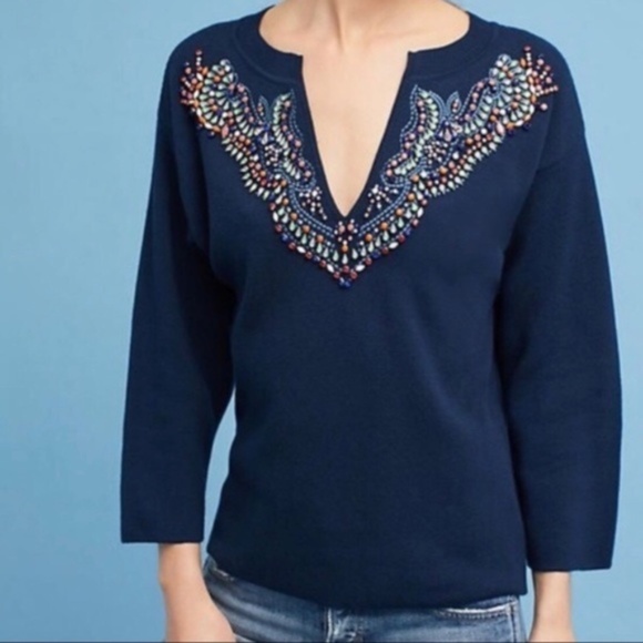 Anthropologie Moth Embellished Jewel Sweater Blue petite small - Picture 2 of 12